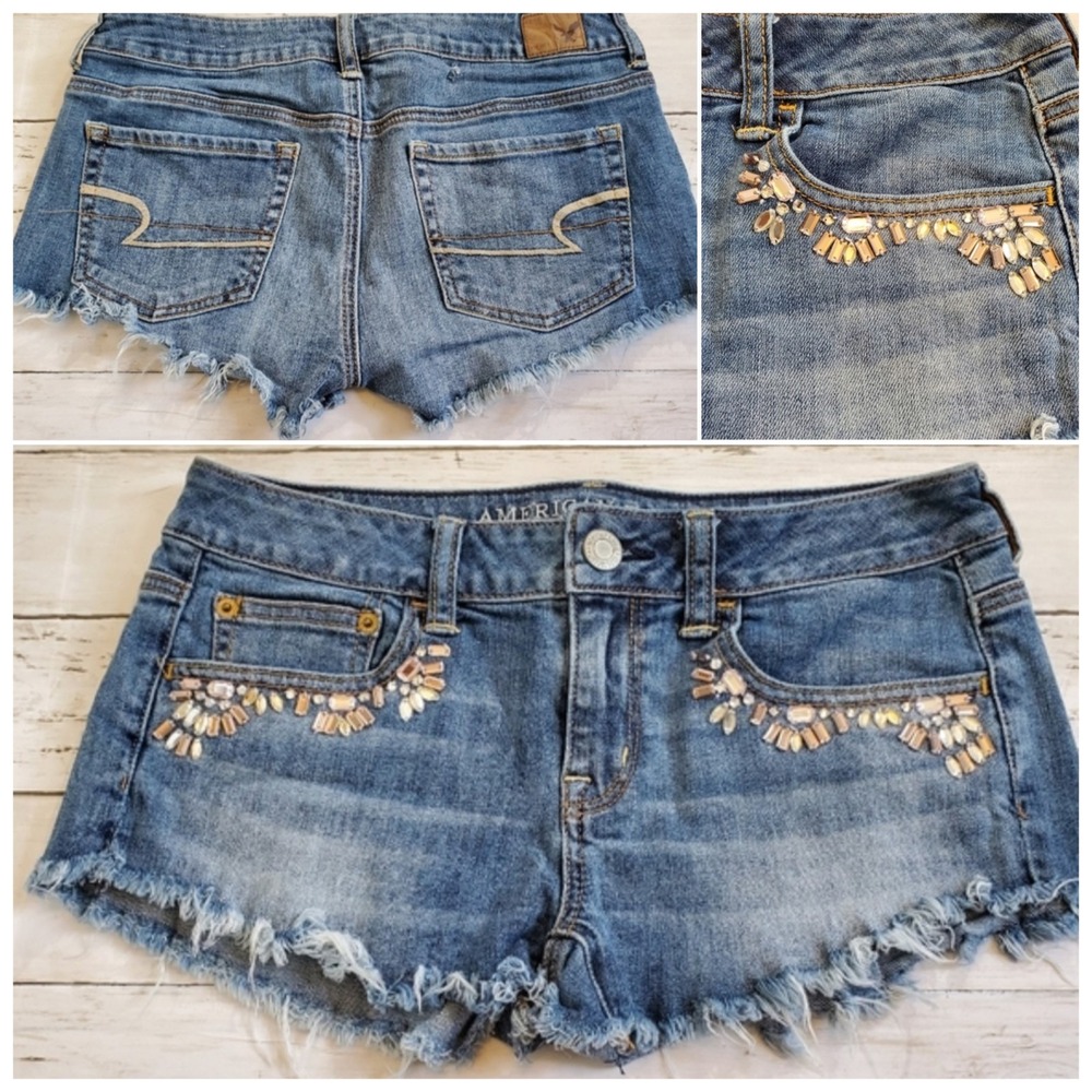 American Eagle Beaded Cutoff Micro Mini Daisy Duke Denim Shorts Boho‎ Western 4